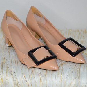 Nude Pointed Toe Pumps Chunky Block Heels
